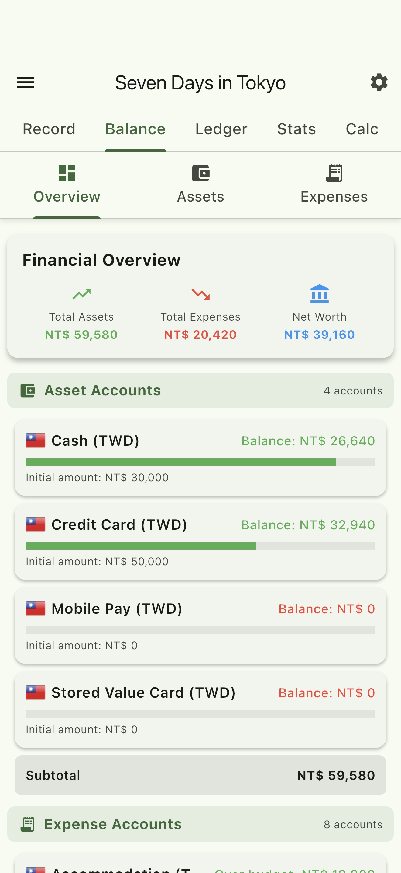TravelBean account balances screen